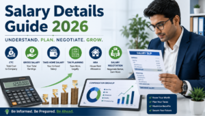 Salary Details Guide 2026 banner with salary slip, calculator, charts, rupee symbols, and a professional reviewing compensation details.