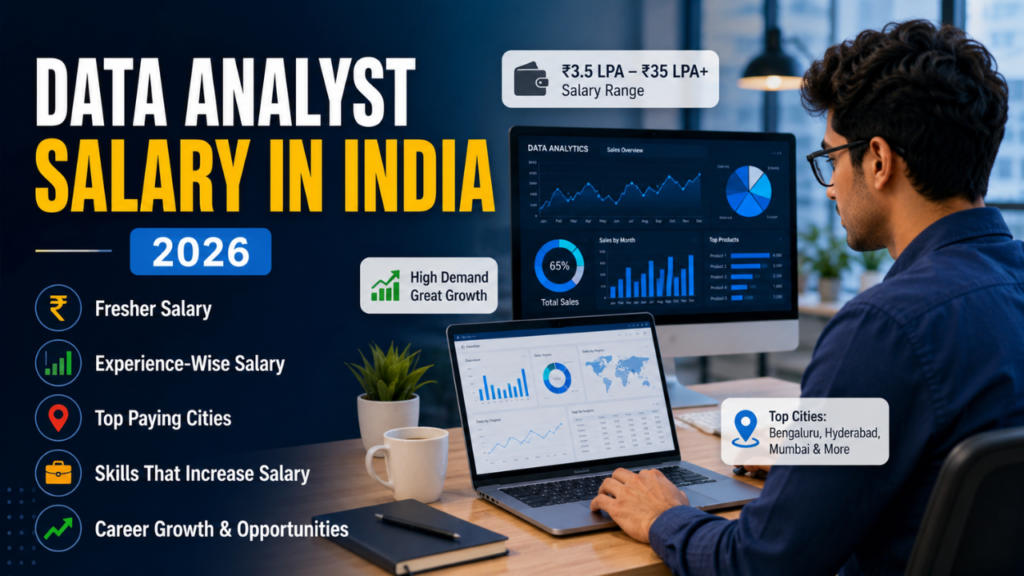 Data Analyst Salary in India 2026 feature image showing salary trends, career growth, top-paying cities, and analytics dashboards.
