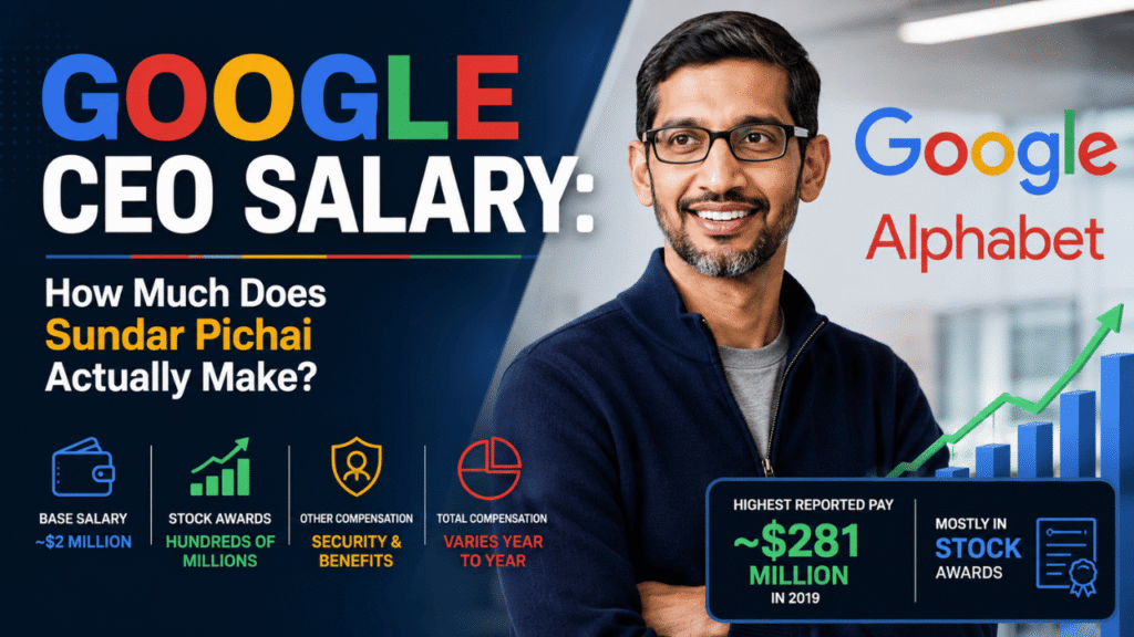 Sundar Pichai with Google and Alphabet logos illustrating the Google CEO salary, including base salary, stock awards, and executive compensation overview.