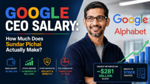 Sundar Pichai with Google and Alphabet logos illustrating the Google CEO salary, including base salary, stock awards, and executive compensation overview.