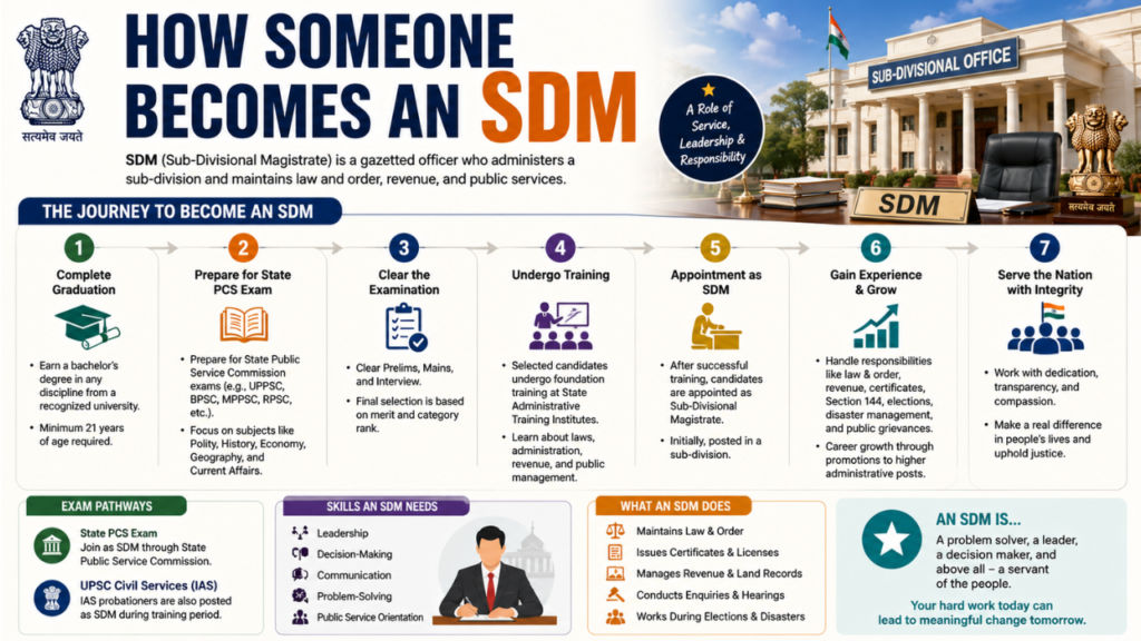 Infographic showing the step-by-step process to become an SDM (Sub-Divisional Magistrate) in India.