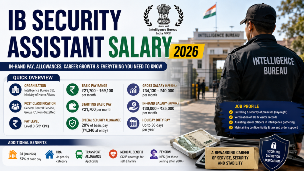 IB Security Assistant Salary 2026 infographic showing in-hand salary, pay scale, allowances, job profile, and career growth.