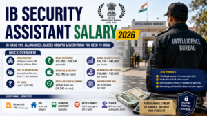 IB Security Assistant Salary 2026 infographic showing in-hand salary, pay scale, allowances, job profile, and career growth.