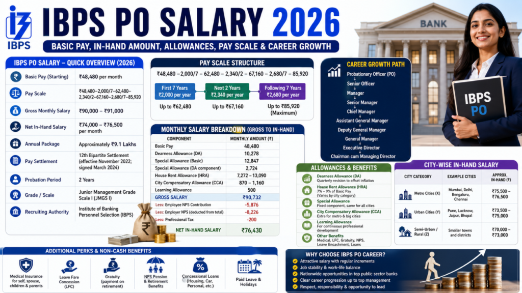 IBPS PO Salary 2026 infographic showing basic pay, in-hand salary, allowances, pay scale, benefits, and career growth in public sector banks.