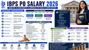IBPS PO Salary 2026 infographic showing basic pay, in-hand salary, allowances, pay scale, benefits, and career growth in public sector banks.