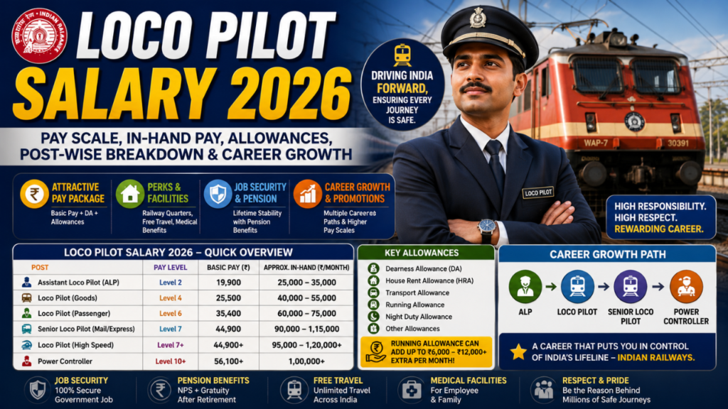 Infographic showing Loco Pilot Salary 2026 in Indian Railways, including pay scale, in-hand salary, allowances, career growth path, job benefits, and salary breakdown from Assistant Loco Pilot to Power Controller.