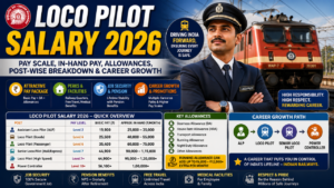 Infographic showing Loco Pilot Salary 2026 in Indian Railways, including pay scale, in-hand salary, allowances, career growth path, job benefits, and salary breakdown from Assistant Loco Pilot to Power Controller.