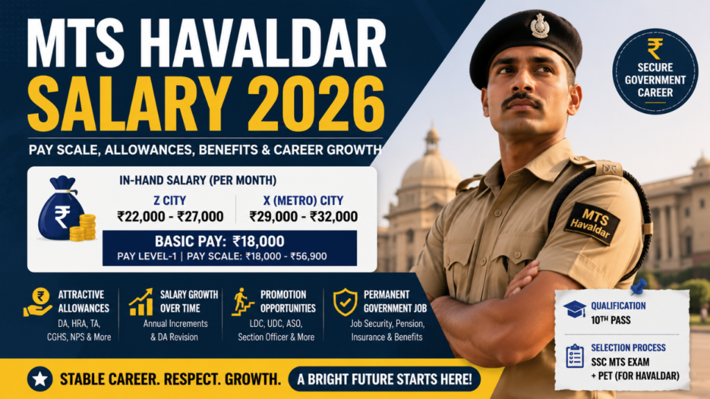 MTS Havaldar Salary 2026 feature image highlighting in-hand salary, pay scale, allowances, promotion, benefits, and career growth for SSC MTS Havaldar.