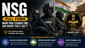 NSG Full Form feature image showing National Security Guard (Black Cats) commandos with the Indian flag and illustrations of Nuclear Suppliers Group and Network Security Group meanings.