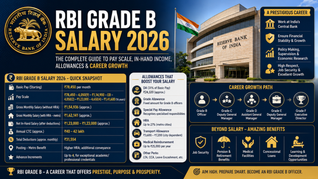 Alt text: RBI Grade B Salary 2026 infographic showing basic pay, gross salary, in-hand salary, allowances, career growth path, and key employee benefits.