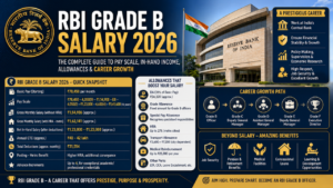 Alt text: RBI Grade B Salary 2026 infographic showing basic pay, gross salary, in-hand salary, allowances, career growth path, and key employee benefits.