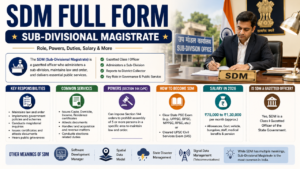 Illustration explaining the SDM full form (Sub-Divisional Magistrate) with administrative icons, government office elements, official documents, and a district administration theme.