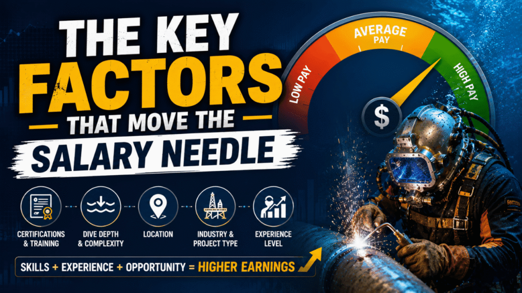 Infographic showing the key factors that affect underwater welder salary, including certifications, experience, dive depth, offshore projects, and location.