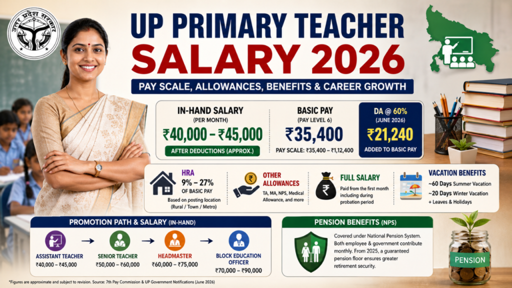 UP Primary Teacher Salary 2026 infographic showing in-hand salary, pay scale, basic pay, DA, HRA, allowances, promotions, and pension benefits.