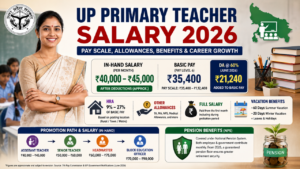 UP Primary Teacher Salary 2026 infographic showing in-hand salary, pay scale, basic pay, DA, HRA, allowances, promotions, and pension benefits.