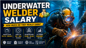 Underwater welder salary feature image showing a commercial diver welding an offshore pipeline with key salary ranges, certifications, and career earnings.