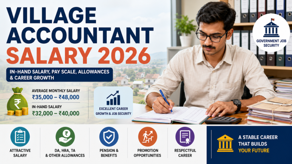 Village Accountant Salary 2026 infographic showing in-hand salary, pay scale, allowances, and career growth for government revenue department jobs.