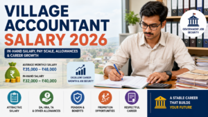 Village Accountant Salary 2026 infographic showing in-hand salary, pay scale, allowances, and career growth for government revenue department jobs.