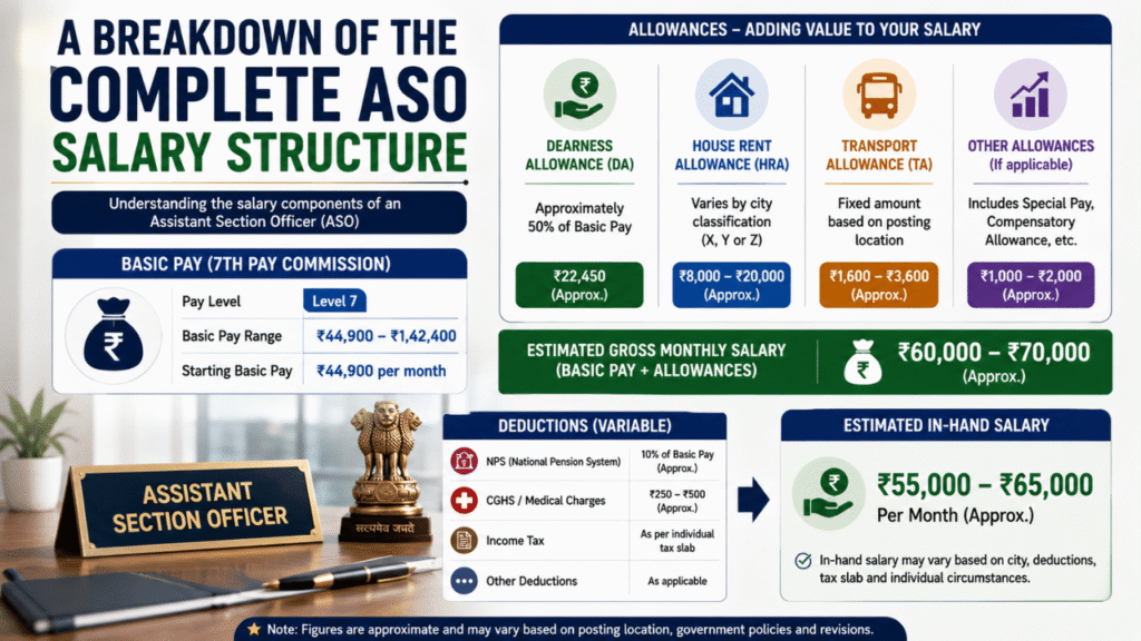 ASO salary structure infographic showing basic pay, DA, HRA, transport allowance, gross salary, deductions, and estimated in-hand salary.