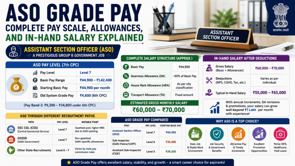 ASO Grade Pay infographic showing Pay Level 7, basic salary, allowances, gross and in-hand salary, deductions, recruitment paths, and career growth.