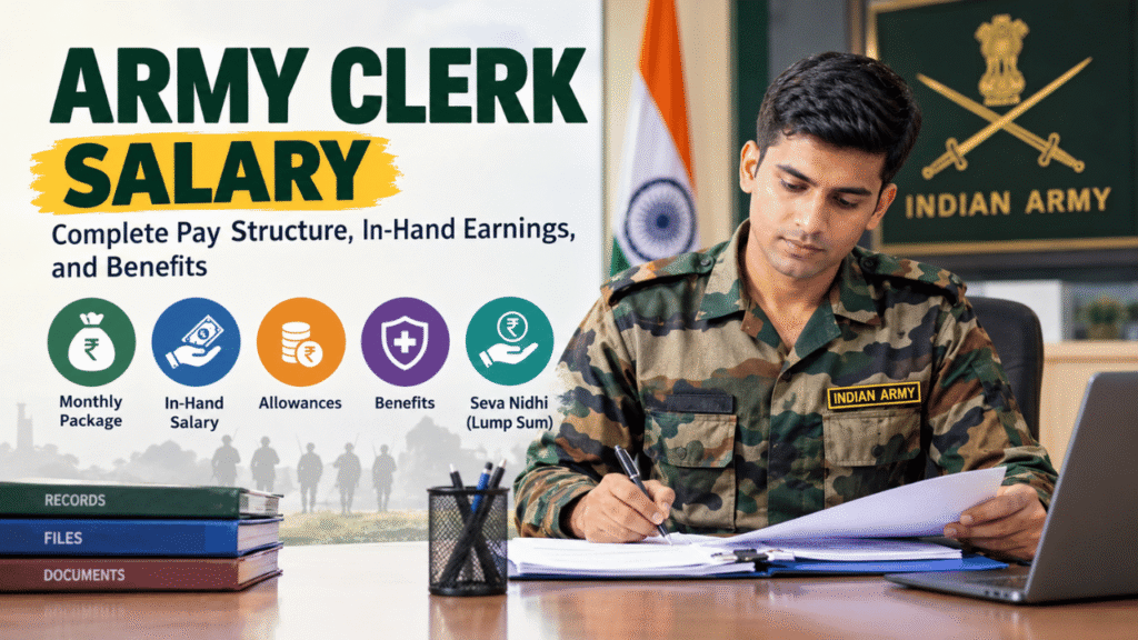 Army clerk salary infographic showing an Indian Army clerk working at a desk with salary, benefits, allowances, and Seva Nidhi information.