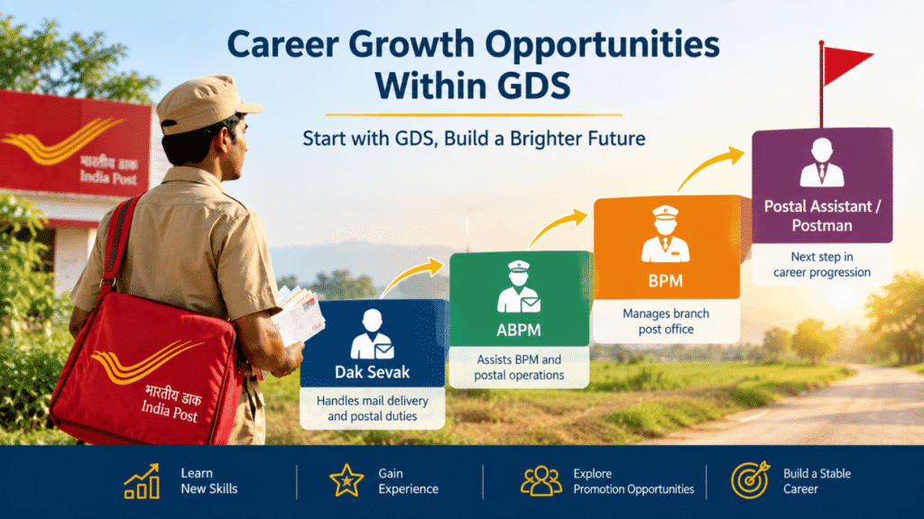 Career growth opportunities within GDS showing progression from Dak Sevak and ABPM to BPM and Postal Assistant/Postman.