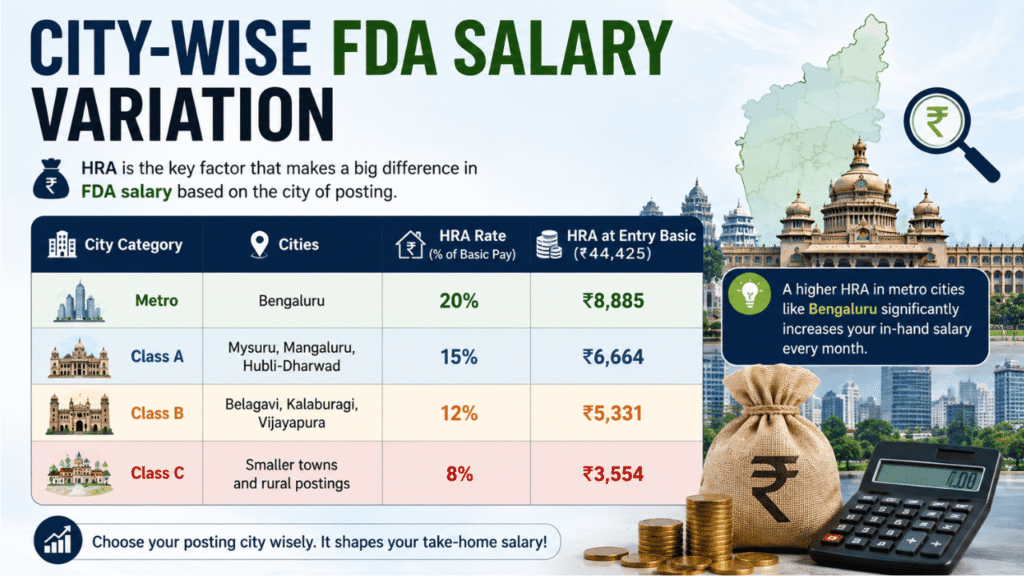 City-wise FDA salary variation in Karnataka showing HRA rates and salary differences across Bengaluru and other cities.