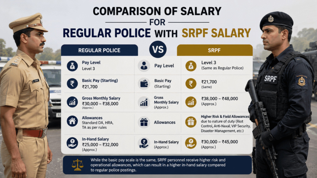 Comparison infographic of Regular Police vs SRPF salary showing Level 3 pay scale, ₹21,700 basic pay, gross salary, in-hand salary, and higher SRPF risk allowances with uniformed officers.