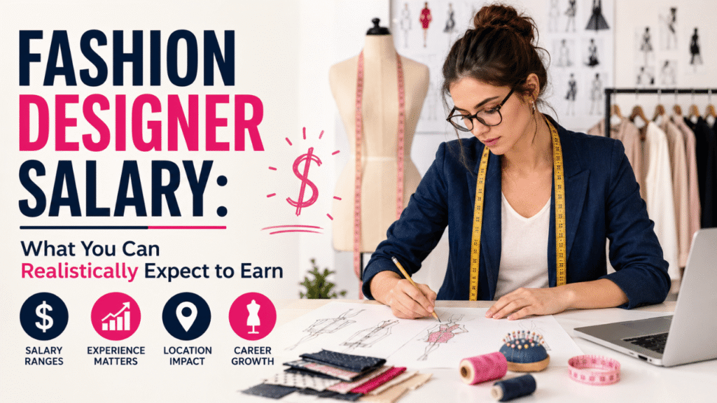 Fashion designer salary infographic showing a designer sketching clothing in a fashion studio.