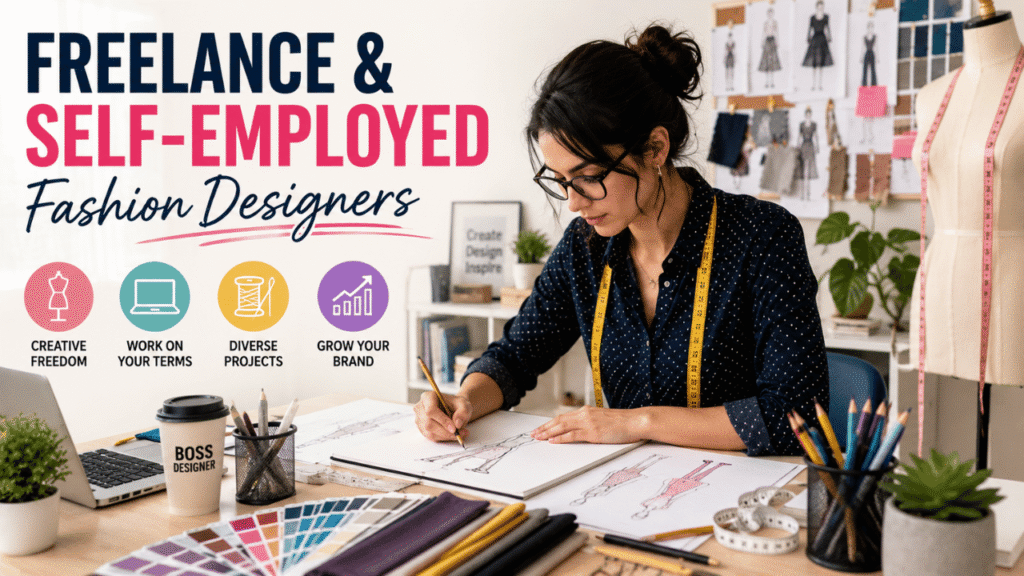 Freelance and self-employed fashion designer working in a creative studio. 
