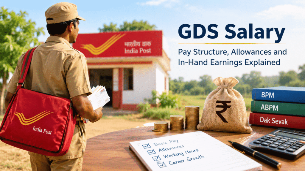 GDS Salary guide showing an India Post worker, salary calculations, allowances, and BPM, ABPM, and Dak Sevak pay details.