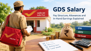 GDS Salary guide showing an India Post worker, salary calculations, allowances, and BPM, ABPM, and Dak Sevak pay details.