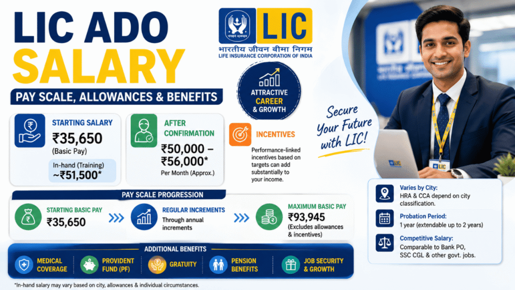 Feature image illustrating LIC ADO salary with starting pay, in-hand salary, allowances, incentives, career growth, and employee benefits in a professional infographic.