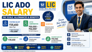 Feature image illustrating LIC ADO salary with starting pay, in-hand salary, allowances, incentives, career growth, and employee benefits in a professional infographic.