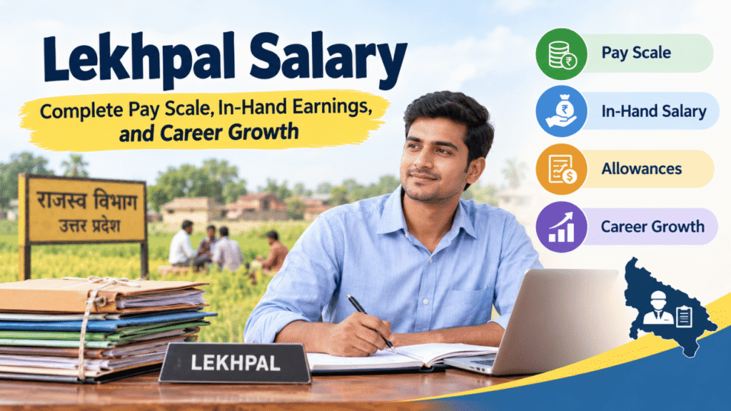 Lekhpal salary feature image showing pay scale, in-hand salary, allowances, and career growth for Uttar Pradesh Lekhpal employees.