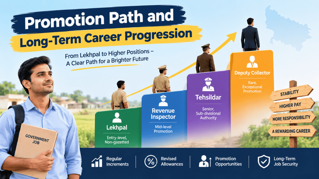 Promotion path for Lekhpal showing career progression to Revenue Inspector, Tehsildar, and Deputy Collector, with higher pay and responsibilities.