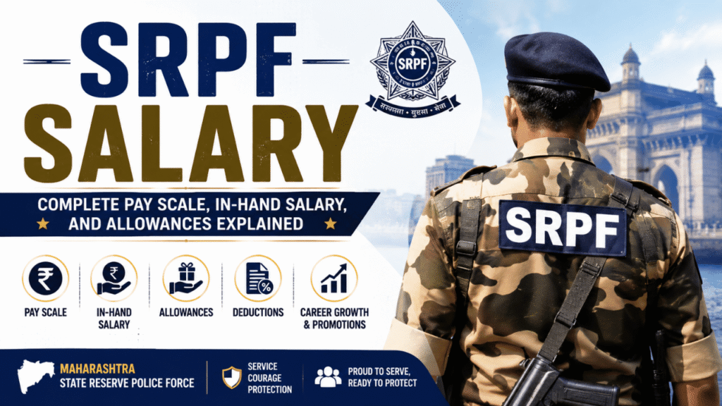 SRPF salary guide featuring a State Reserve Police Force officer with pay scale, in-hand salary, allowances, deductions, and career growth details.