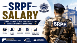 SRPF salary guide featuring a State Reserve Police Force officer with pay scale, in-hand salary, allowances, deductions, and career growth details.