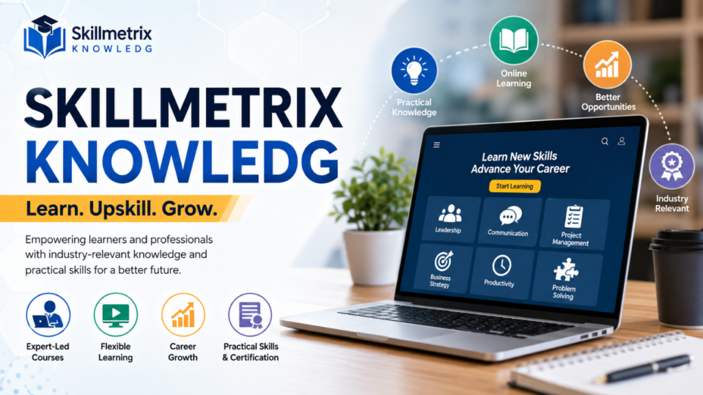 Skillmetrix Knowledg feature banner showing an online learning platform with laptop, professional development courses, leadership, communication, and career growth icons in a modern blue-themed design.