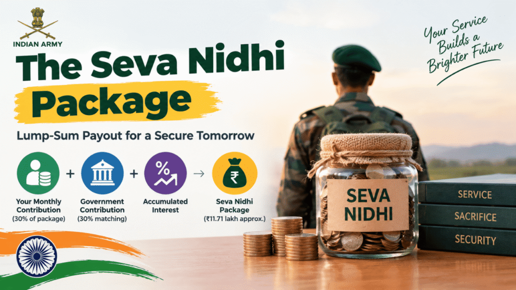 The Seva Nidhi Package infographic showing an Indian Army soldier, savings jar, monthly and government contributions, accumulated interest, and approximate ₹11.71 lakh payout.