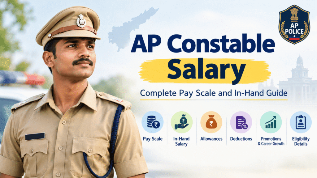 AP Constable Salary 2026 featuring an Andhra Pradesh police constable, pay scale, in-hand salary, allowances, deductions, promotions, and eligibility details.