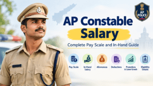 AP Constable Salary 2026 featuring an Andhra Pradesh police constable, pay scale, in-hand salary, allowances, deductions, promotions, and eligibility details.