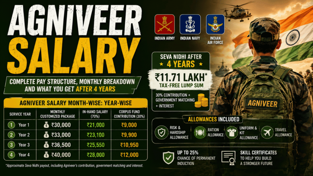 Agniveer salary pay structure showing monthly salary, in-hand pay, corpus fund contribution, allowances, and ₹11.71 lakh Seva Nidhi after 4 years.