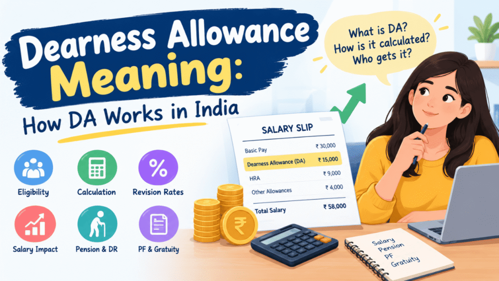 Dearness Allowance meaning explained with a salary slip, DA calculation, revision rates, pension, PF, gratuity, and salary impact.
