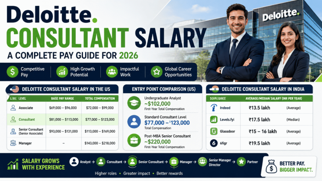 Deloitte consultant salary 2026 infographic showing US and India pay ranges, entry-level compensation, career progression, and salary growth.