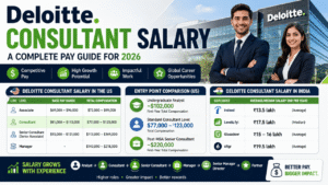 Deloitte consultant salary 2026 infographic showing US and India pay ranges, entry-level compensation, career progression, and salary growth.