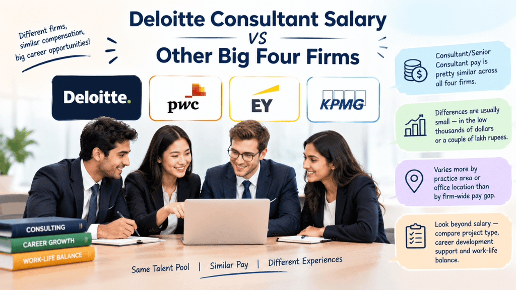 Deloitte consultant salary compared with PwC, EY, and KPMG, highlighting similar compensation, location and practice-area differences, career growth, and work-life balance.