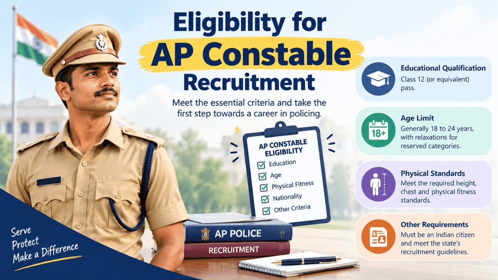 Eligibility for AP Constable recruitment showing educational qualification, age limit, physical standards, and other requirements.