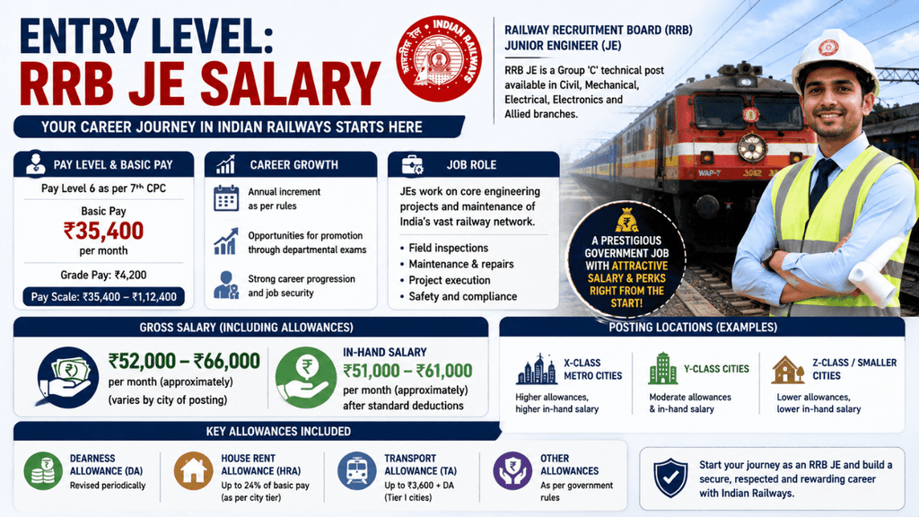 RRB JE salary infographic showing entry-level basic pay, gross salary, in-hand salary, allowances, posting locations, and career growth in Indian Railways.