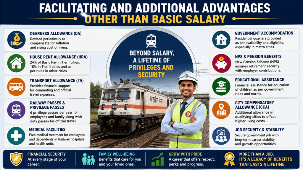 Railway engineer benefits beyond basic salary, showing allowances, railway passes, medical facilities, accommodation, pension benefits, and educational assistance